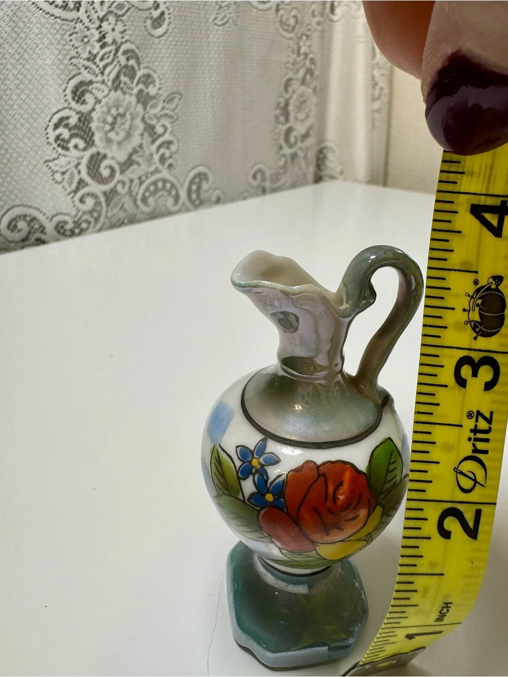 Vintage Hand-Painted Ceramic Pitcher Vase with Floral Motifh/ Made in Japan